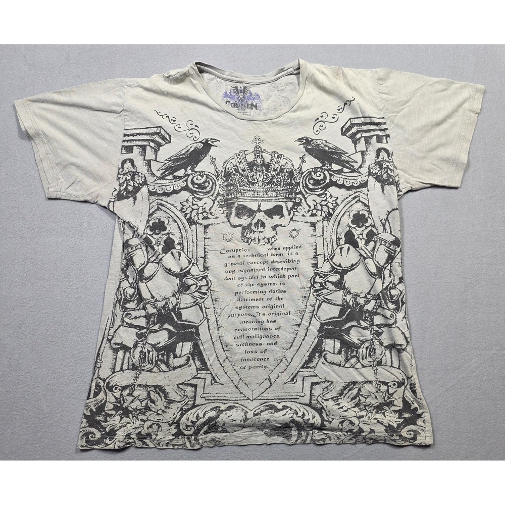 Corrosion Shirt Mens 2XL Beige Skull Crown Raven Graphic Gothic All Over Print
